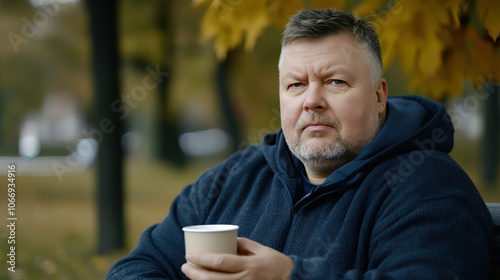 Middle-Aged Man with a Slight Tremor Holding a Cup of Coffee on a Park Bench, Symbolizing the Struggle with Parkinson's Disease in a Calm Natural Setting