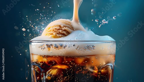 Scoop of ice cream dropped into cola, creating a splash and mixing with the fizzy drink for an indulgent treat.