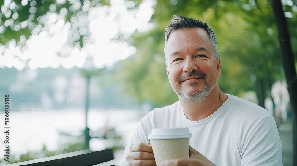 Middle-Aged Man with a Slight Tremor Holding a Cup of Coffee on a Park Bench, Symbolizing the Struggle with Parkinson's Disease in a Calm Natural Setting Middle-Aged Man with a Slight Tremor Holding a Cup of Coffee on a Park Bench, Symbolizing the Struggle with Parkinson's Disease in a Calm Natural Setting