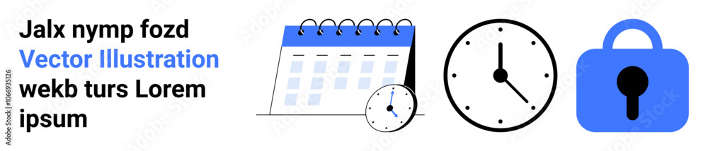 Calendar with a small clock icon, an analog clock, and a blue padlock symbolizing scheduling, timekeeping, and security. Ideal for productivity apps, scheduling tools, security interfaces, workflow Calendar with a small clock icon, an analog clock, and a blue padlock symbolizing scheduling, timekeeping, and security. Ideal for productivity apps, scheduling tools, security interfaces, workflow
