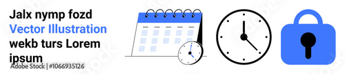 Calendar with a small clock icon, an analog clock, and a blue padlock symbolizing scheduling, timekeeping, and security. Ideal for productivity apps, scheduling tools, security interfaces, workflow