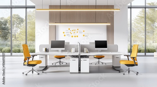 A stylish office space background featuring an open layout with modern desks, ergonomic chairs, and vibrant decor, ideal for corporate branding and work environment themes. photo