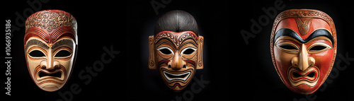 Three carved wooden masks are isolated against a black background.