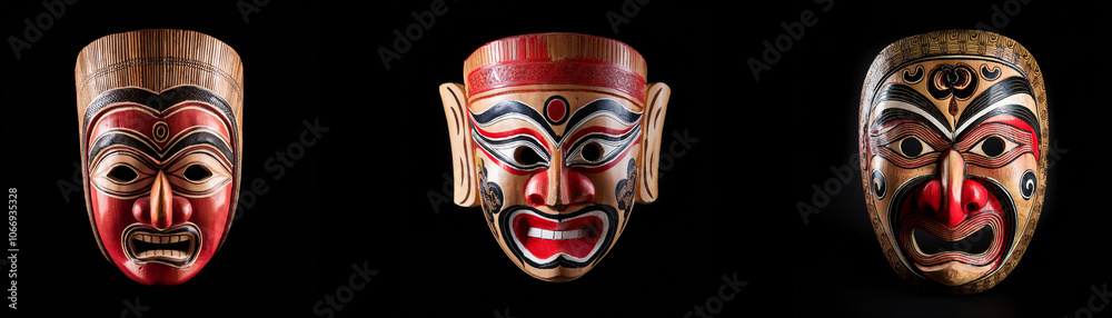 Three carved wooden masks isolated on a black background. The masks have different designs and feature various facial expressions. Three carved wooden masks isolated on a black background. The masks have different designs and feature various facial expressions.