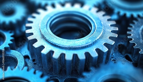 Mechanical gears in blue tones creating a dynamic and intricate machinery layout