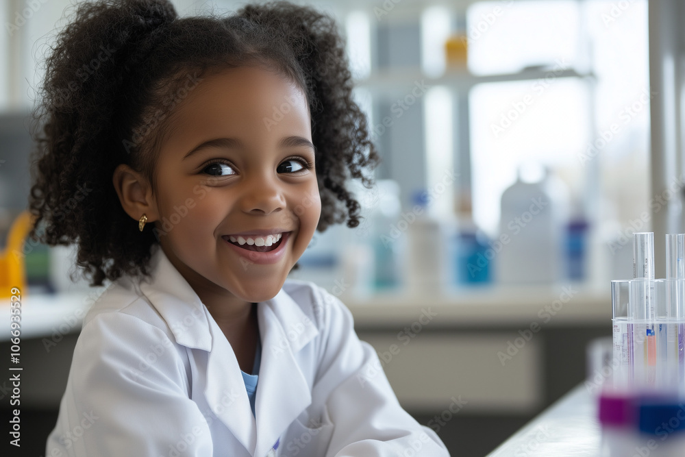 Smiling young girl in lab coat during science experiment Smiling young girl in lab coat during science experiment