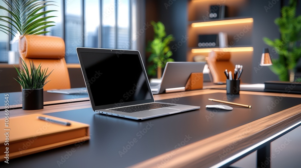 A sleek corporate office background with dark tones, sophisticated decor, and inviting lighting, perfect for illustrating a productive and stylish professional workspace.