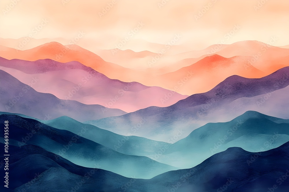 An abstract landscape featuring soft, layered rolling hills in hues of blue, purple, and warm sunset tones, creating a serene and tranquil atmosphere. An abstract landscape featuring soft, layered rolling hills in hues of blue, purple, and warm sunset tones, creating a serene and tranquil atmosphere.