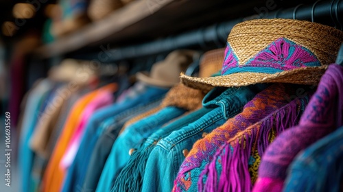 A vibrant snapshot capturing a close-up view of various colorful clothing items with an intricately designed hat in the foreground, reflecting fashion diversity.