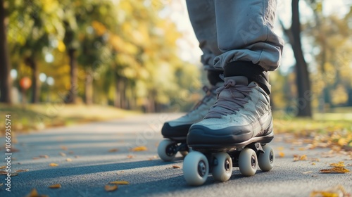 Young skater rollerblading along a picturesque park path filled with autumn leaves during a sunny afternoon