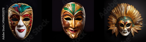 Three colorful masquerade masks are isolated against a black background.