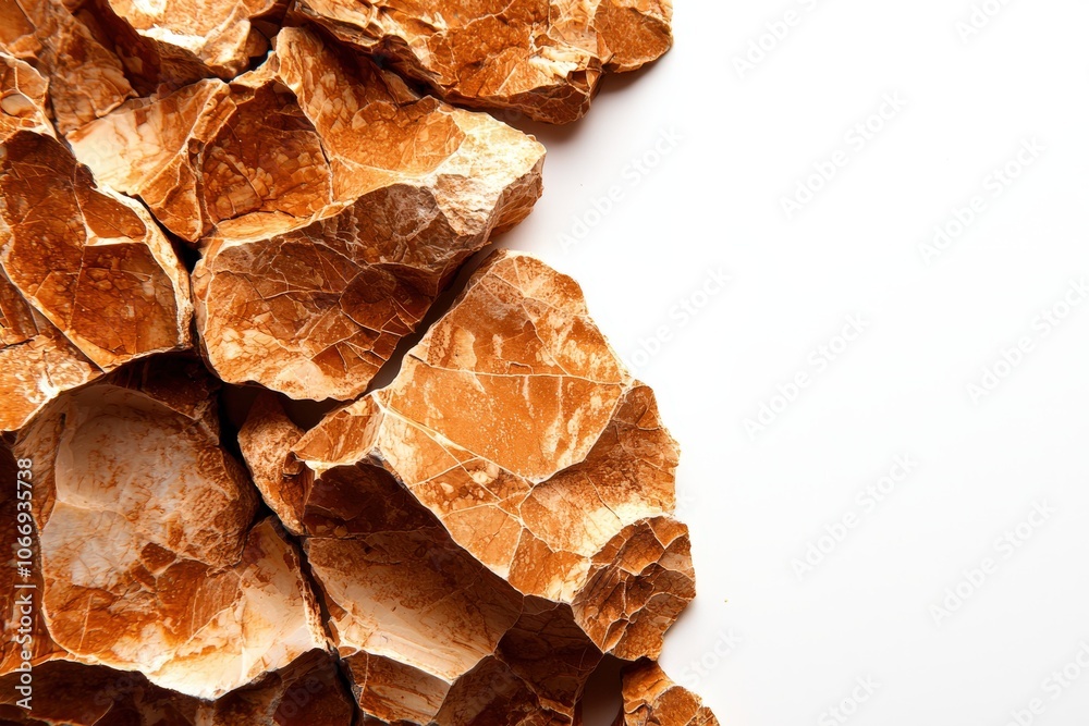 Obraz premium Natural reddish-brown stone pieces on white background, ideal for design and texture concepts.