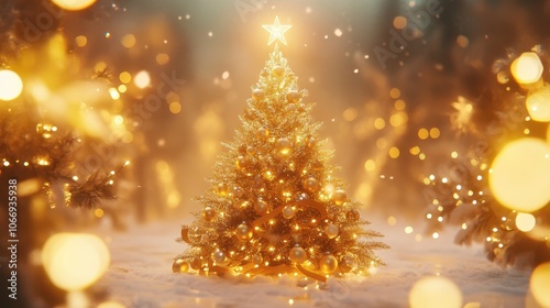 A festive 3D Christmas setting with a golden tree adorned with sparkling Christmas balls, shiny ribbons, and a star on top, surrounded by glowing lights and snow