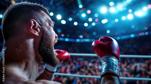 A determined boxer wearing red gloves stands ready in the vibrant ring, surrounded by the electrifying energy of the roaring crowd before an epic fight.