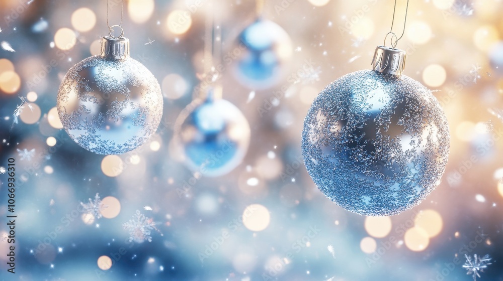 A sparkling 3D holiday scene with silver and blue Christmas balls floating in mid-air against a backdrop of soft bokeh lights and snowflakes A sparkling 3D holiday scene with silver and blue Christmas balls floating in mid-air against a backdrop of soft bokeh lights and snowflakes