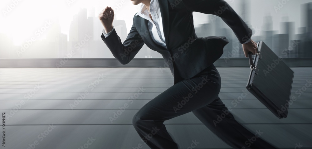 Fototapeta premium Businesswoman Running Toward Success: A determined businesswoman sprints forward with purpose, carrying her briefcase, her stride mirroring the drive and ambition needed to reach the top.
