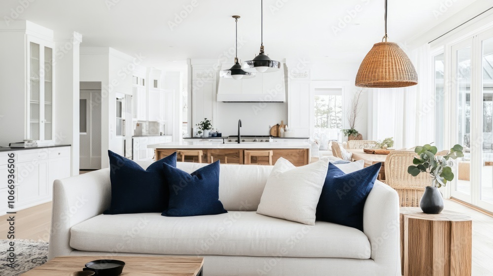 Fototapeta premium Modern Living Room with White Sofa and Blue Pillows