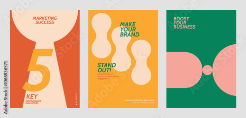 Vibrant marketing posters. Marketing success, brand engagement, and business boost. Bold colors, dynamic design, and impactful text for marketing impact. Retro pastel branding template vector set.