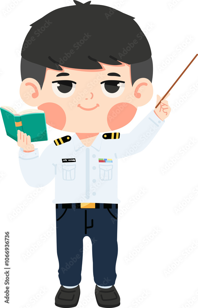 Boy Teacher holding a book and pointing at something