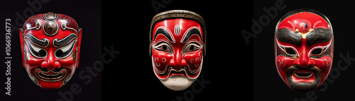 Three red masks with intricate black and gold details are isolated on a black background.