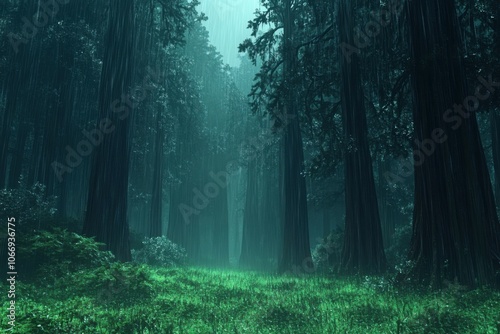 rainy redwood glade on the coast, atmospheric animated setting with rich greens, dynamic and immersive