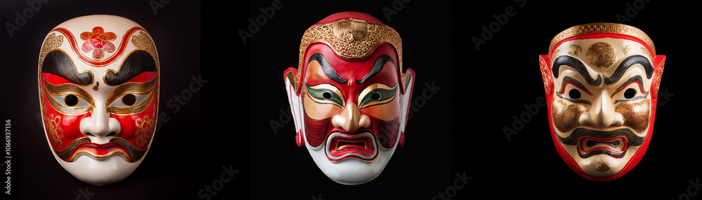 Naklejka premium Three traditional Japanese masks are isolated against a black background. Each mask has unique facial expressions and intricate designs in red, black, and gold.