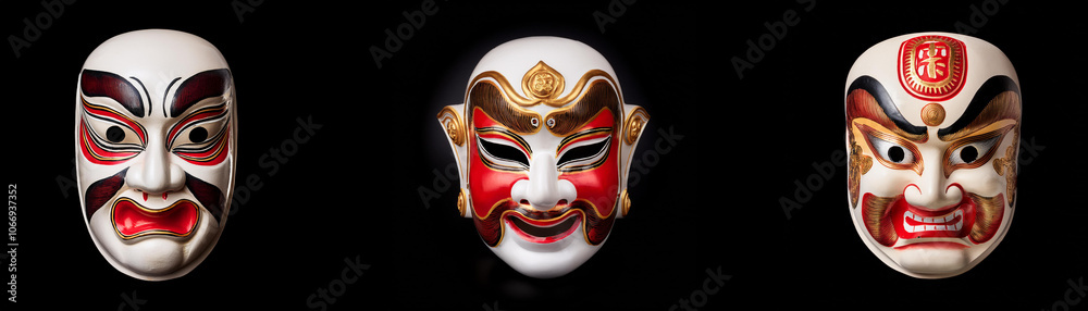 Naklejka premium Three colorful masks, each with a unique expression, are isolated against a black background.