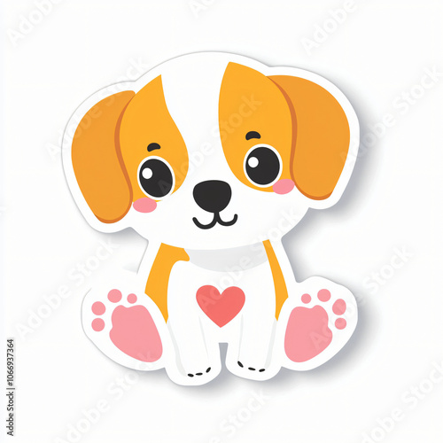 flat cutout vector sticker of kawaii puppy dog with floppy ears and heart nose, isolated on white background