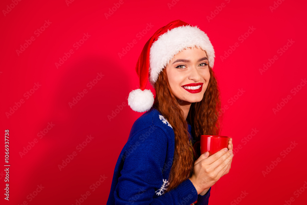 Photo of pretty young girl hold coffee mug wear trendy blue christmas outfit masquerade theme party on red color background Photo of pretty young girl hold coffee mug wear trendy blue christmas outfit masquerade theme party on red color background
