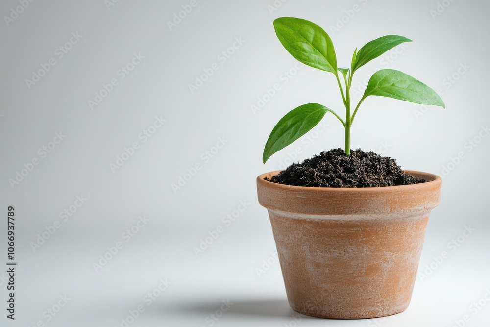 Small green plant growing in a terracotta pot with soil, isolated on a gentle grey background. Small green plant growing in a terracotta pot with soil, isolated on a gentle grey background.