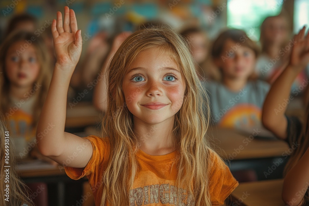 Fototapeta premium Young Girl with Blonde Hair Raising Her Hand in a Classroom Setting