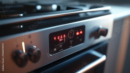 A close-up shot of the oven's control panel, capturing the dials and digital display, with the oven body softly blurred behind.