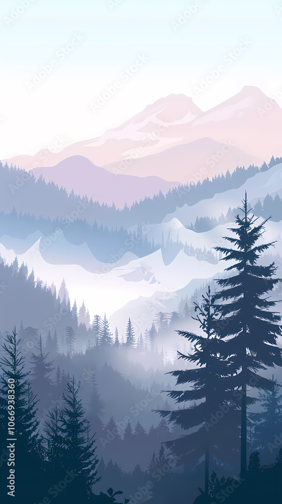A serene, misty landscape showcases pine forests and distant mountains under a soft pastel sky, creating a tranquil atmosphere. A serene, misty landscape showcases pine forests and distant mountains under a soft pastel sky, creating a tranquil atmosphere.