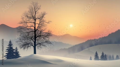 Winter sunrise landscape with tranquil mood, solitary tree and mountains under golden light 