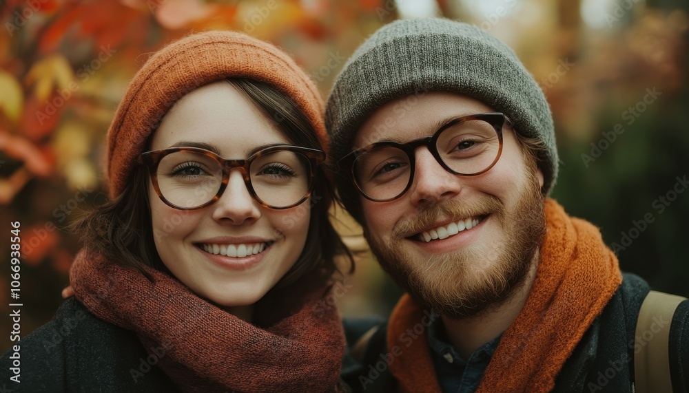 Young couple smiles joyfully in front of their new home during autumn season Young couple smiles joyfully in front of their new home during autumn season