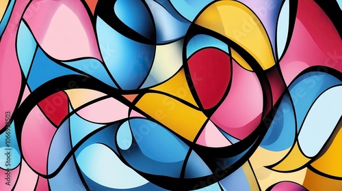 Playful abstract lines and curves create vibrant pastel color palette, evoking sense of joy and creativity. intertwining shapes invite exploration and imagination