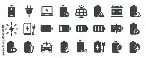 Battery glyph solid icons collection. Containing charging, power, electric, energy. Minimal icon and symbol series vector illustration