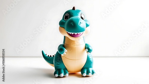 A fun cartoon-style 3D toy of a green dinosaur monster with a plastic body, isolated on a white background, featuring a child-like design with an animal characteristics