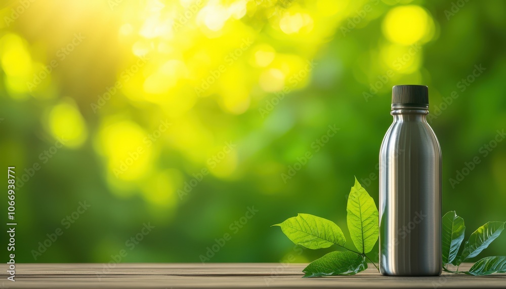 Stylish metal water bottle on wooden table with fresh green leaves in a serene nature setting.