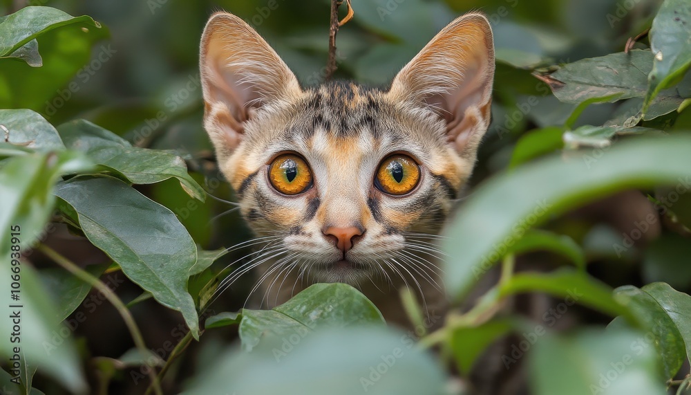Fototapeta premium A curious cat hiding among lush green foliage in a tranquil garden setting