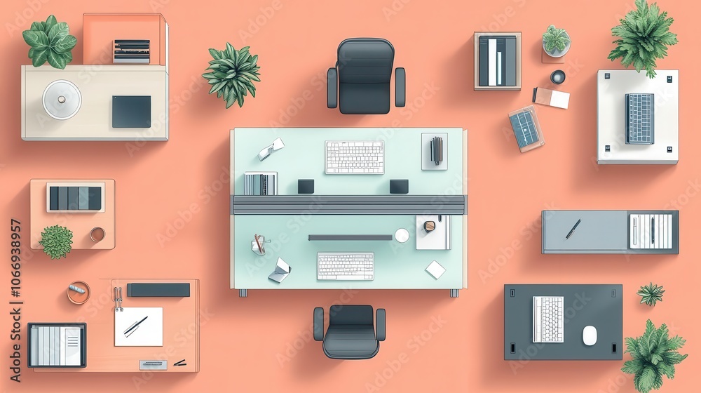 Aerial view of a modern office setup featuring desks, chairs, stationery, and plants against a vibrant coral background.