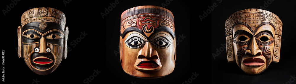 Three wooden masks with intricate carvings are isolated against a black background. Three wooden masks with intricate carvings are isolated against a black background.