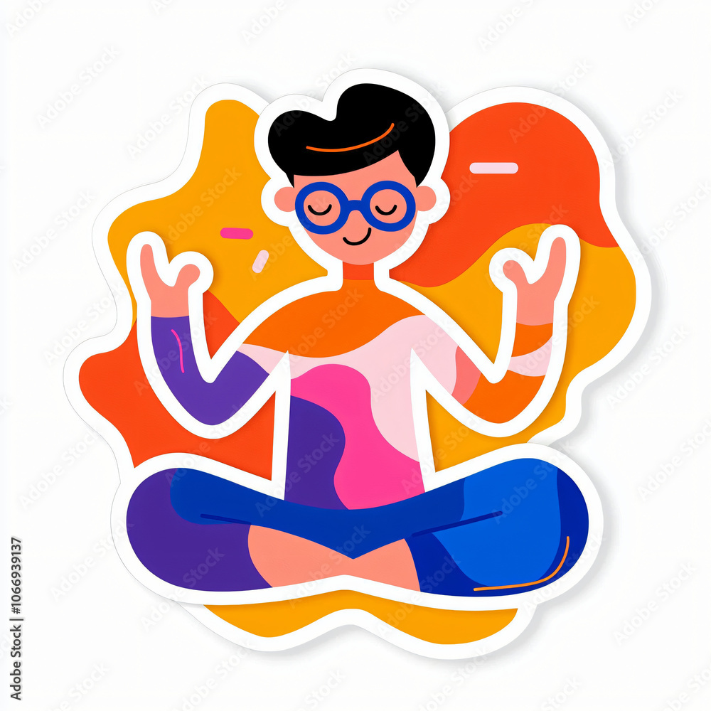 flat cutout vector sticker of meditative stick figure character for mindfulness and relaxation, isolated on white background