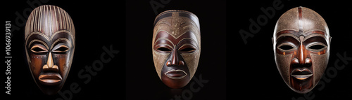 Three intricately carved wooden masks isolated against a black background. photo