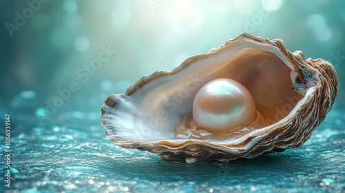 Big beautiful pearl growing inside an oyster shell reflecting sunlight on turquoise background