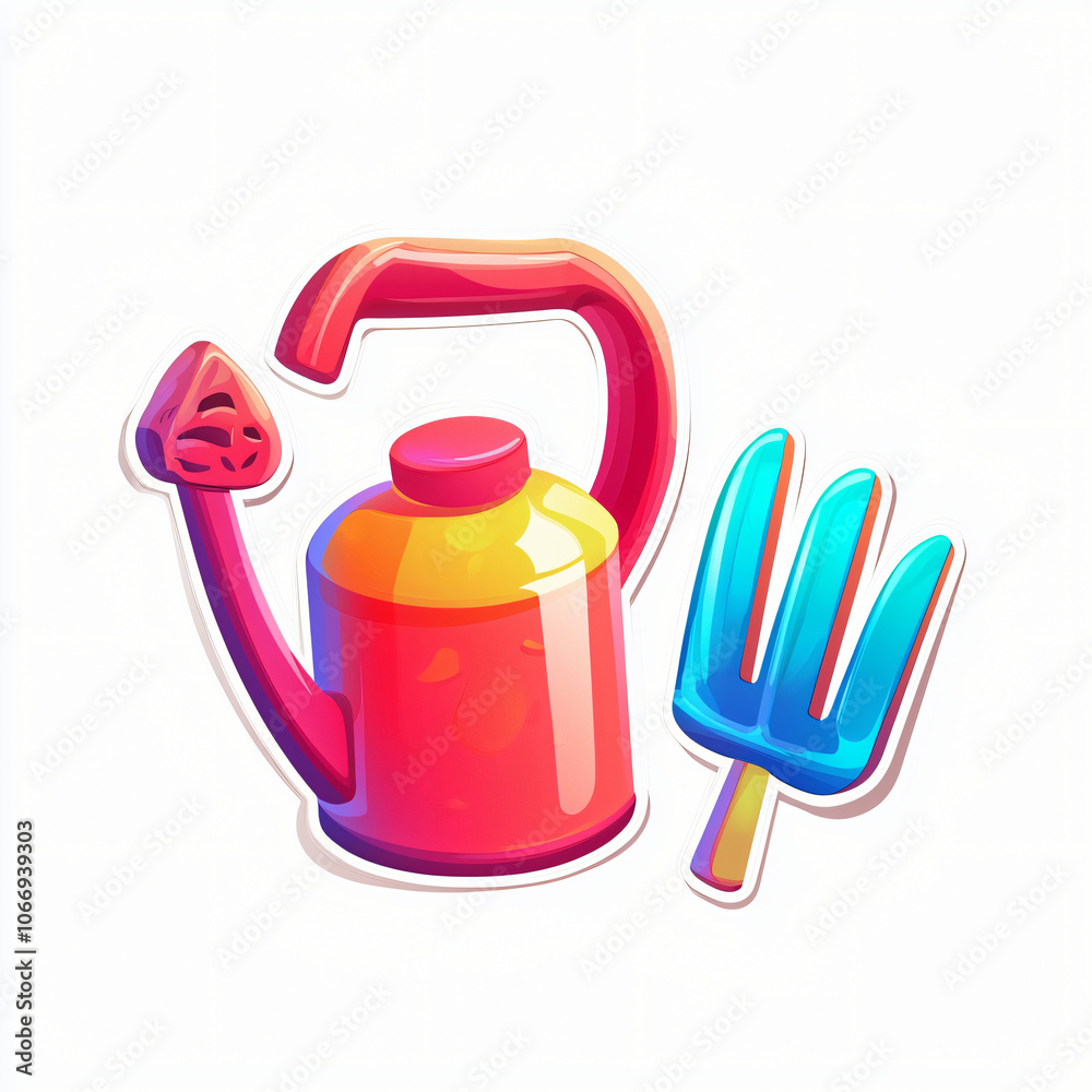 Obraz premium flat cutout vector sticker of gardening tools like shovel, rake and watering can, isolated on white background