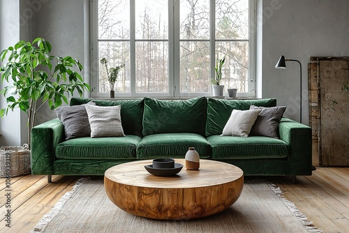 A mid century modern interior in a well-lit living room with a green sofa. Generative AI 
