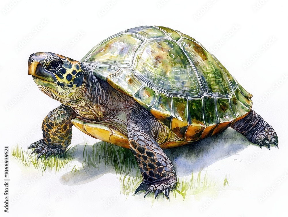 Fototapeta premium Detailed watercolor painting of a tortoise with a textured shell and natural colors, standing on grass, isolated on a white background.