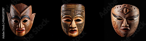 Three wooden masks are isolated on a black background.