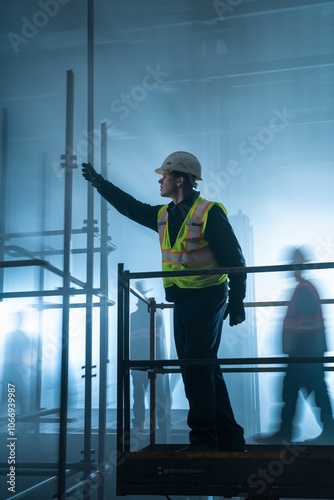 Construction Worker on Scaffolding: A construction worker in a hard hat and reflective vest stands on a scaffolding platform, inspecting the progress of a large-scale project. photo